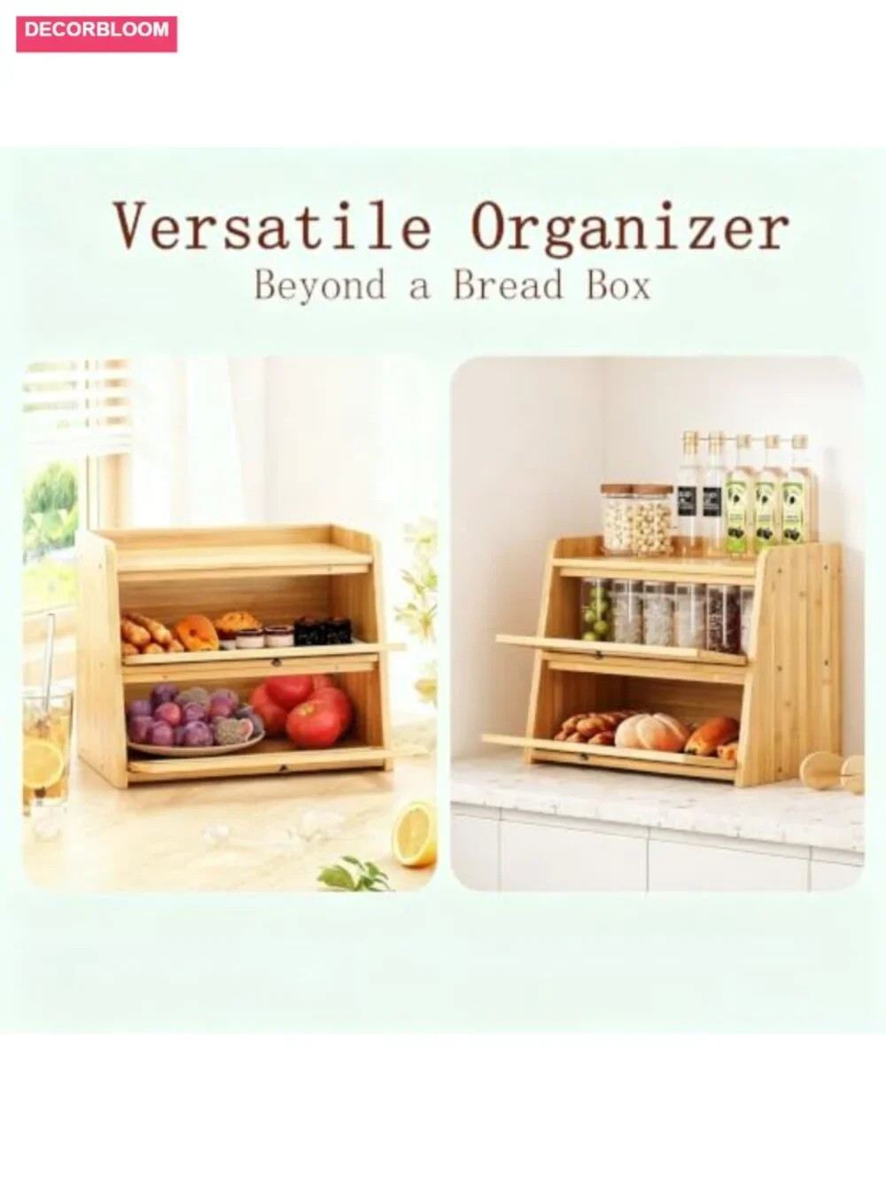 Double Layer Bamboo Bread Box with Window for Countertop